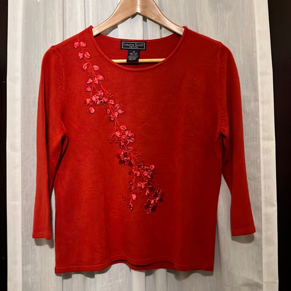 Laura Scott MP, pretty red sweater with embroidered beaded flowered appliqué.